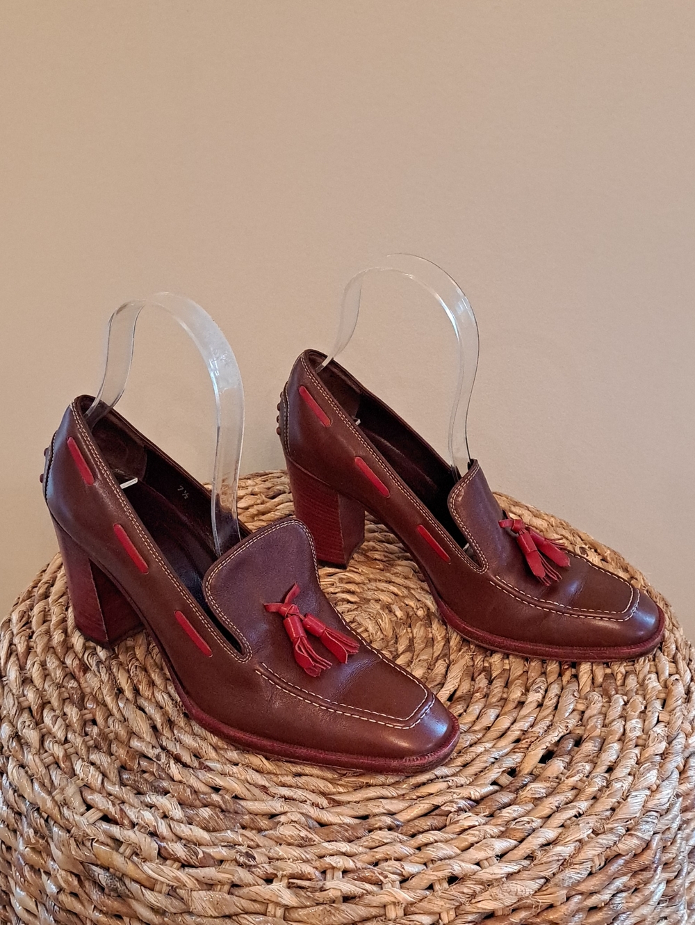 TOD'S Womens Pellame Luxury Brown Leather Stacked Tassel Loafer Heels 7.5